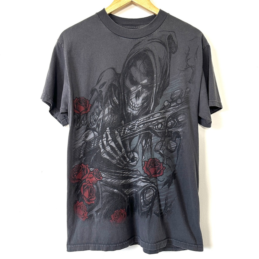 Y2K Grim Reaper Graphic Tee Mens M Gothic Skull Roses Guitar Faded Black Gray